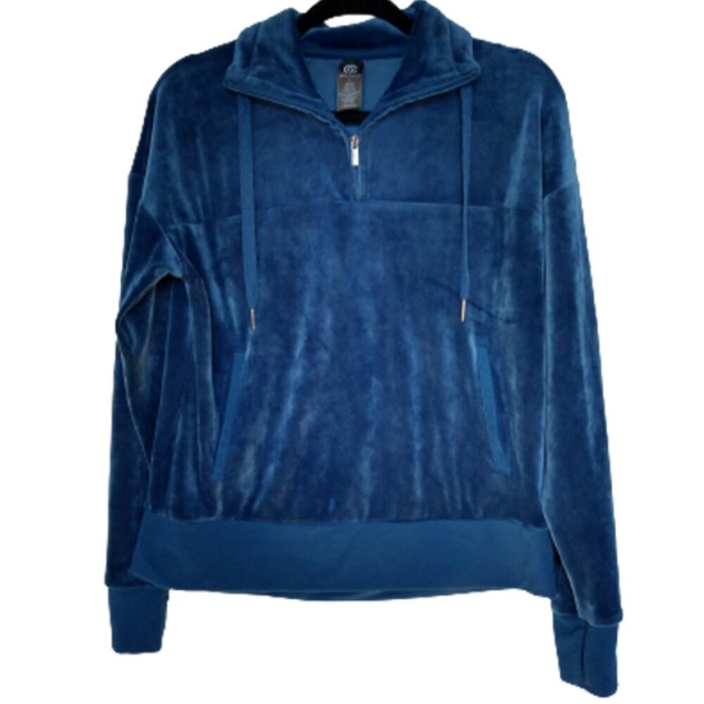 Champion Womens XL Velour Top Blue with Pockets Drawstring High Neck Long Sleeve